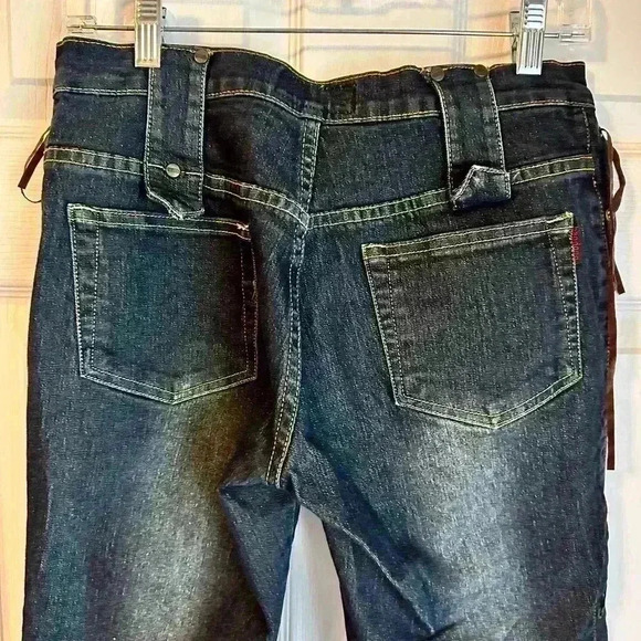 Vintage Lace Up Sides Denim Jeans Y2K 90S Baodong Bodo Boho Button Flap Size L - Picture 11 of 14
